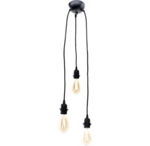 Závěsná lampa se třemi Edisonovými žárovkami na černých kabelech