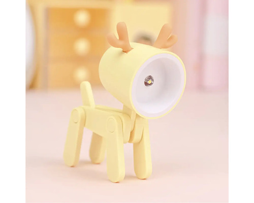 Žlutá, nastavitelná LED stolní lampa ve tvaru jelena.