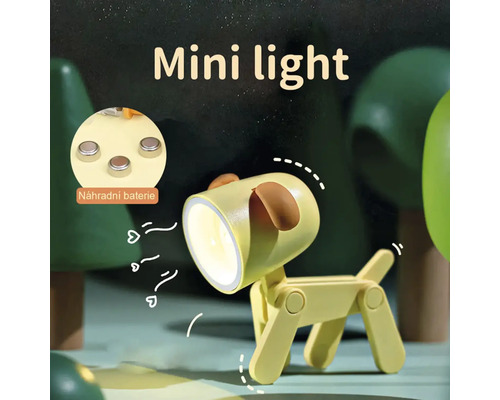 Žluté mini noční světlo ve tvaru psa s LED a vyměnitelnými bateriemi.