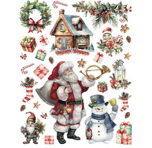 Ilustrace s vánočními motivy, jako je Santa Claus, sněhulák, dům a dárky