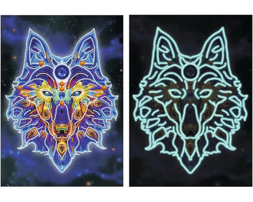 Svítící motiv vlka pro diamantové malování, zobrazení za denního světla a ve tmě