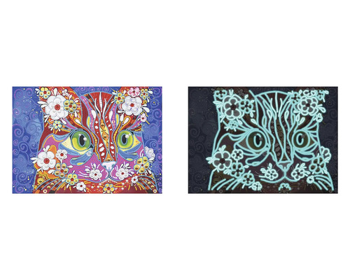 Diamantová malba motivu kočky s květinami, denní a noční pohled