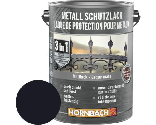 Barva na kov 3v1 HORNBACH černá matná 2,5 l Kovový ochranný lak 3 v 1 plechovka s ochranou proti korozi a odolností proti povětrnostním vlivům od společnosti Hornbach