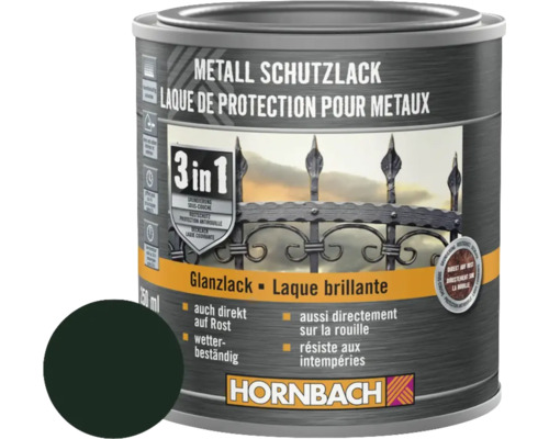 Barva na kov 3v1 HORNBACH tmavě zelená lesk 250 ml Plechovka ochranného laku na kovy s recepturou 3 v 1 a logem Hornbach