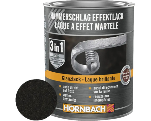 Kladívková barva na kov 3v1 HORNBACH černá lesklá 750 ml Plechovka kladívkového efektu, lesklý lak od společnosti Hornbach