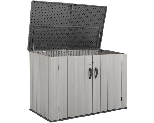 Otevřená plastová zahradní skříňka se dvěma dvířky a horní částí
