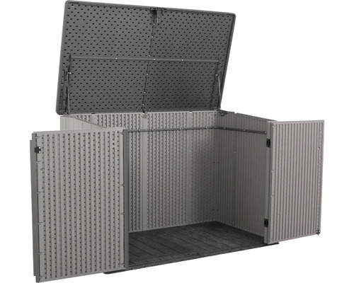 Otevřený plastový zahradní domek se sklopnou střechou a dvoukřídlými dveřmi.