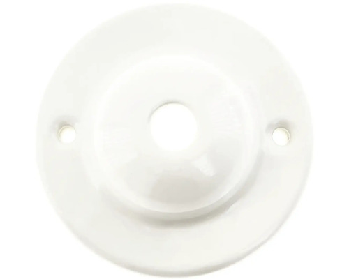 Bílá stropní rozeta s otvorem uprostřed a dvěma otvory po stranách pro upevnění.