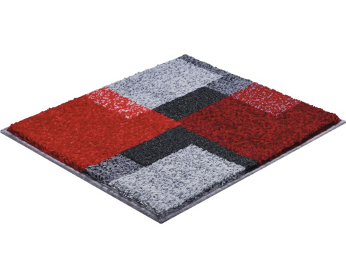 Čtvercový koberec s geometrickým vzorem v odstínech šedé a červené