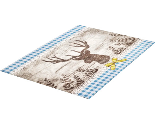 Obdélníkový koberec s motivem jelena a modrým kostkovaným okrajem