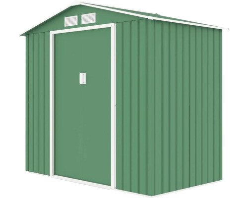 Kovová zahradní skříň s jedněmi dveřmi.