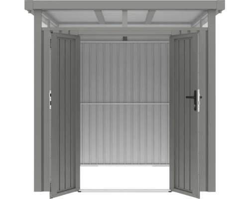 Otevřená kovová kůlna na nářadí s dvoukřídlými dveřmi