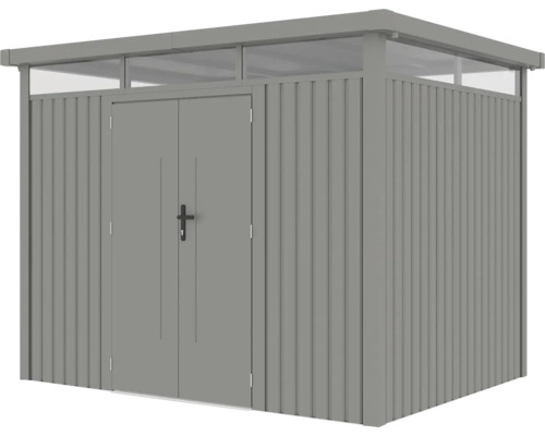 Kovová zahradní bouda s dvoukřídlými dveřmi a světlíkem