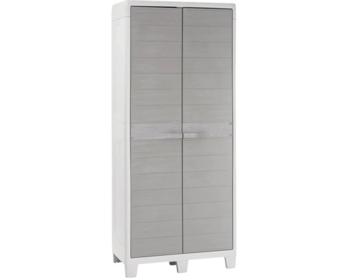 Zahradní skříň Toomax Woodys XL High 78 x 46 x 182 cm plastová světle šedá Plastová vysoká skříň se dvěma dvířky a vzhledem dřeva