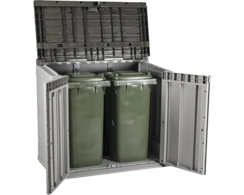 Box na popelnice se dvěma zelenými popelnicemi