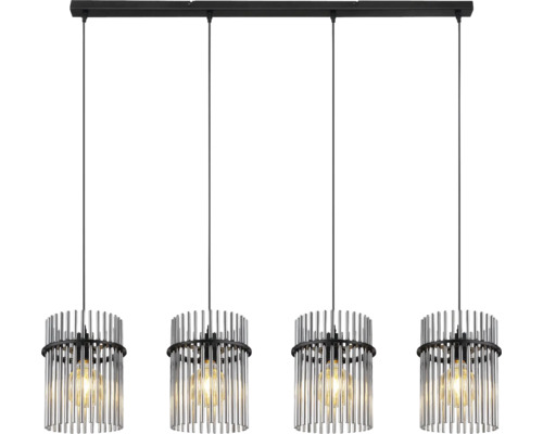 Závěsné svítidlo se čtyřmi žárovkami a cylindrickými stínidly z kovových tyčí