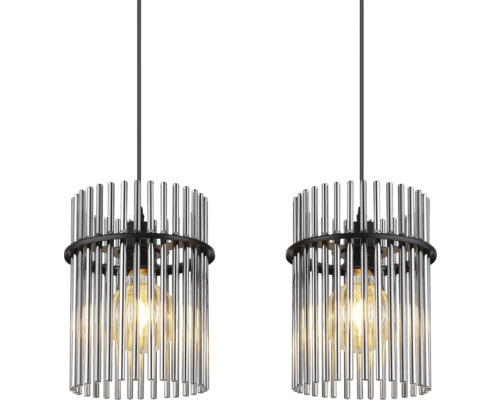 Dvě závěsné lampy s válcovým stínidlem z kovových tyčí