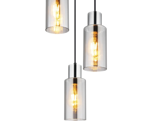 Závěsná lampa se třemi žárovkami ze skla a kovu