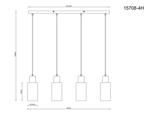 Technický nákres závěsné lampy se čtyřmi svítidly a rozměry