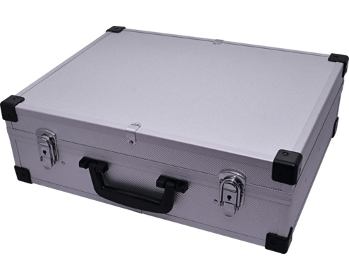 Stříbrný kufřík na nářadí s rukojetí a uzávěry