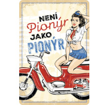 Dekorativní plechová cedule se ženou na skútru a českým textem