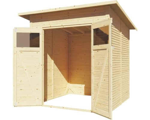 Otevřená dřevěná zahradní kůlna s dvoukřídlými dveřmi a okny.