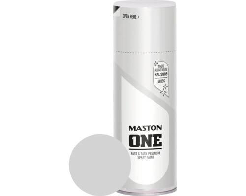 Barva ve spreji ONE lesk bílo hliníková RAL9006 400ml Mastons One Premium sprej, barva bílý hliník RAL 9006, lesklý