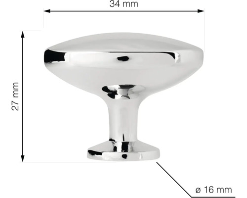 Chromový nábytkový knoflík o rozměrech 34 mm šířka, 27 mm výška a 16 mm průměr