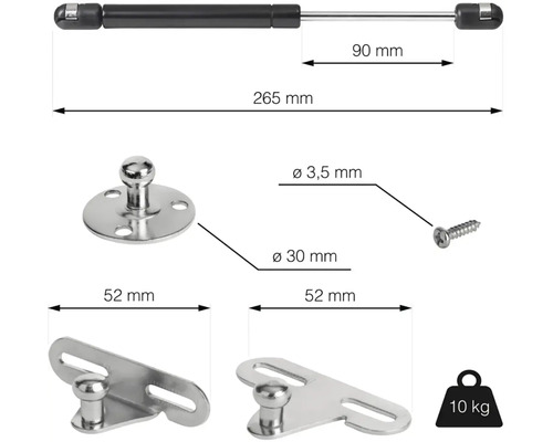 Plynová vzpěra s montážním příslušenstvím a technickými rozměry