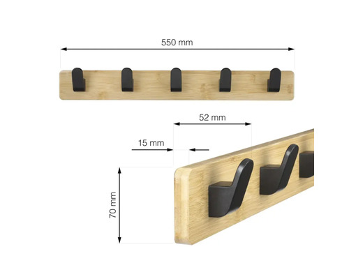Bambusová šatní lišta s pěti háčky a rozměry