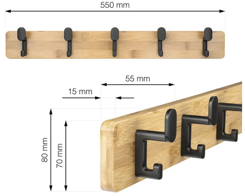 Bambusová šatní tyč s pěti háčky a rozměry