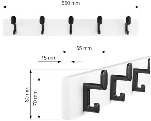 Šatní panel s pěti háčky a rozměry