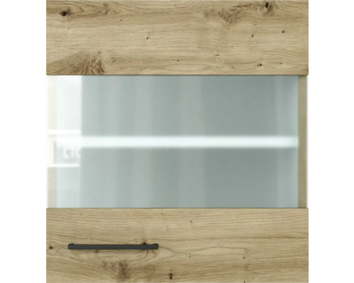 Detailní pohled na čelo nábytku s dřevěnou strukturou, skleněnou vložkou a rukojetí