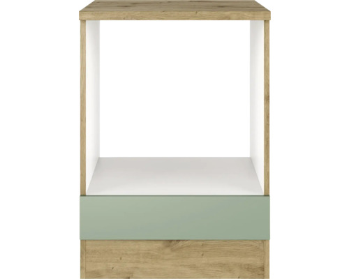 Otevřená police s dřevěnou strukturou a zeleným panelem