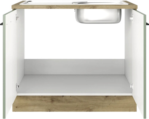 Skříňka pod umyvadlo s otevřenými bílými dvířky a umyvadlem