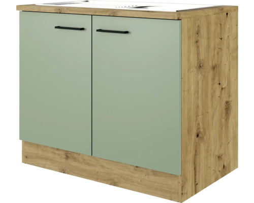 Kuchyňská skříňka s dřezem a pracovní deskou Flex Well Cara ŠxHxV 100 x 60 x 85 cm barva čela zelená matná barva korpusu dub světlý