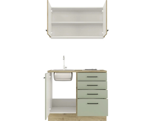 Kompaktní kuchyňská linka s dřezem, zásuvkami a závěsnou skříňkou pro prostorově úsporné řešení kuchyně.