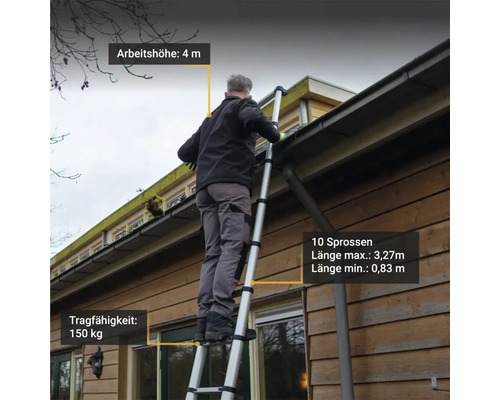 Muž na teleskopickém žebříku pracuje na okapu, pracovní výška 4 metry, nosnost 150 kilogramů, 10 příček, maximální délka 3,27 metru, minimální délka 0,83 metru