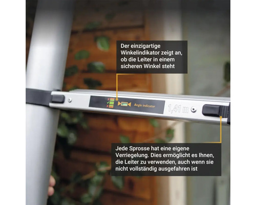 Žebřík s indikátorem úhlu a aretací příček