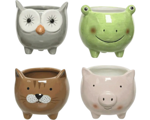 Čtyři květináče ve tvaru zvířat: sova, žába, kočka a prase.