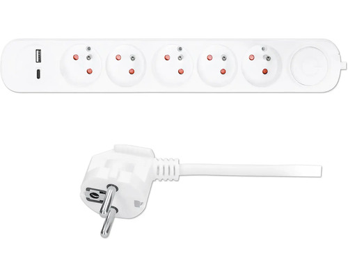 Prodlužovací kabel se 5 zásuvkami+ USB A+C a vypínačem 3m bílý