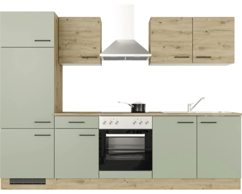 Kuchyňská linka se skříňkami, umyvadlem, sporákem a odsavačem par