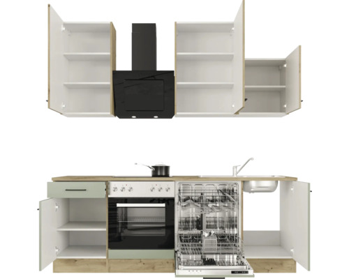 Kuchyňská linka se závěsnými skříňkami, digestoří, sporákem, dřezem a myčkou nádobí