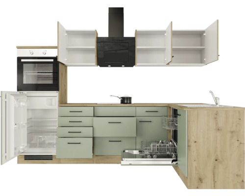 Kuchyňská linka se zásuvkami, skříňkami, dřezem, myčkou nádobí, lednicí, troubou a odsavačem par