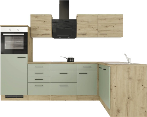 Kuchyňská linka s horními skříňkami, odsavačem par, dřezem a vestavnou troubou