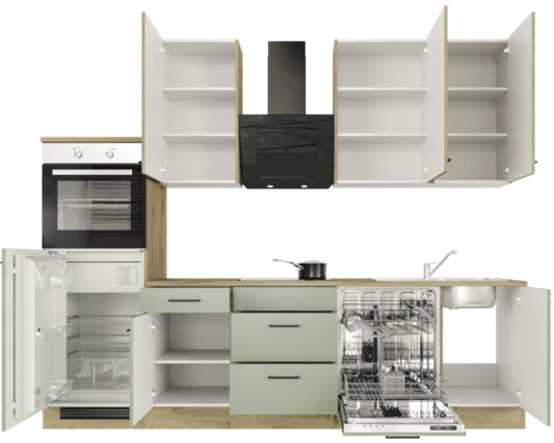 Kompletní kuchyně s vestavnými spotřebiči, dřezem, sporákem, digestoří, lednicí a myčkou.