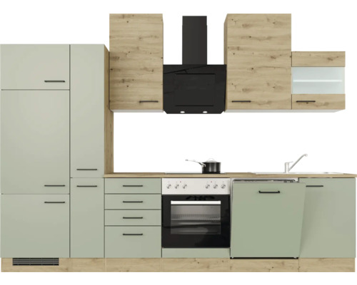 Kuchyňská linka s horními skříňkami, digestoří, dřezem, myčkou a sporákem