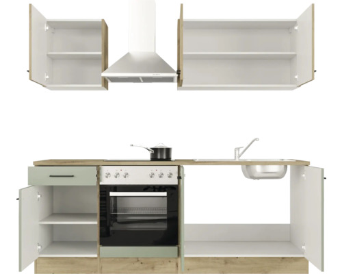 Kuchyňská linka s dřezem, sporákem, troubou, digestoří a závěsnými skříňkami