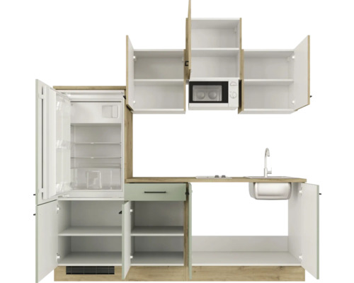 Kompaktní kuchyňská linka s chladničkou, mikrovlnnou troubou, dřezem a úložným prostorem