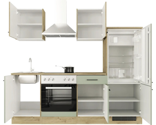 Kompletní kuchyňská linka s dřezem, sporákem, lednicí a odsavačem par